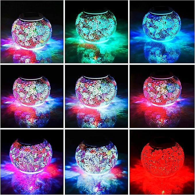 Solar Glass Ball Light Color Changing Mosaic Crackle Table Lamps Waterproof LED Night Light for Bedroom Yard Patio Christmas Decorations (Crackle Glass, Multi-Colored)
