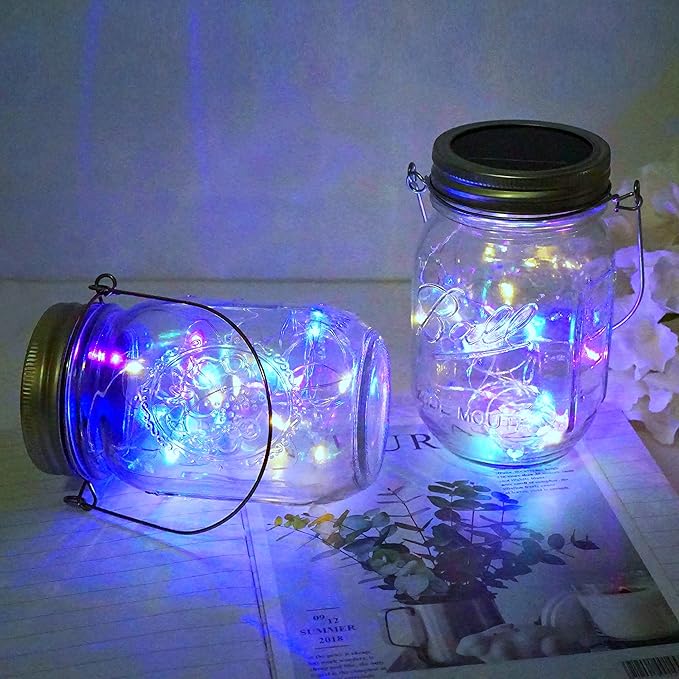 Solar Mason Jar Lid Lights, 10 Pack 30 LED Waterproof Firefly Fairy Lights with Hangers(No Jars), Outdoor Starry String Lights for Patio Yard Garden Wedding Lantern Decor (Colorful-with hanger)