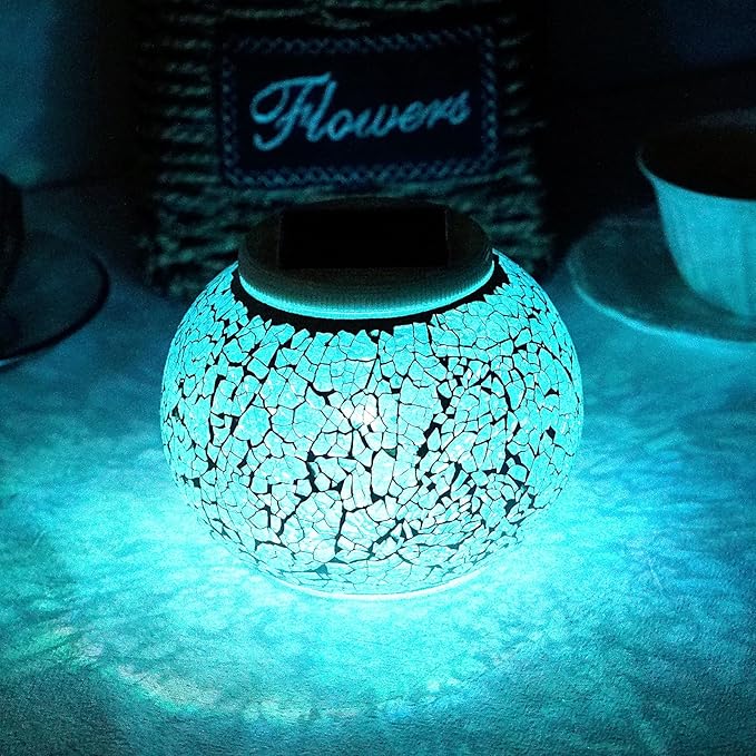 Solar Powered Color Changing Mosaic Crackle Glass Table Lamp - Waterproof LED Night Light for Bedroom, Yard, Patio, Halloween, Christmas Decorations (Crackle Glass, White)