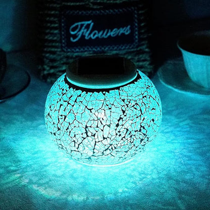 Solar Powered Color Changing Mosaic Crackle Glass Table Lamp - Waterproof LED Night Light for Bedroom, Yard, Patio, Halloween, Christmas Decorations (Crackle Glass, White)
