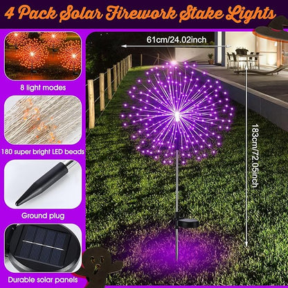 6 Pcs Christmas Solar Firework Stake Lights 180 LED 8 Modes Solar Waterproof LED Sparkler Lights Outdoor Decoration for Christmas Holiday Garden Patio Yard Pathway Walkway, Orange, Purple