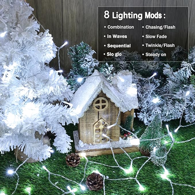 Lomotech Battery Operated Christmas Lights - 2 Pack Total 33ft 100LEDs String Lights 8 Modes Waterproof with Timer for Home, Garden, Party, Holiday, Tree Decoration (Clear Wire, White)