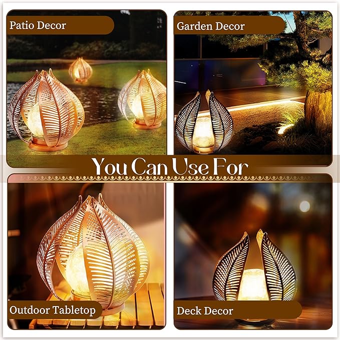 HPC Decor Solar Lights Outdoor Garden, Crackle Globe Glass,Metal Palm Leaf Solar Lights for Outside, Pathway Lights Waterproof LED Outdoor for Patio,Yard,Porch Decor,Gardening Gifts for Women/Mom.