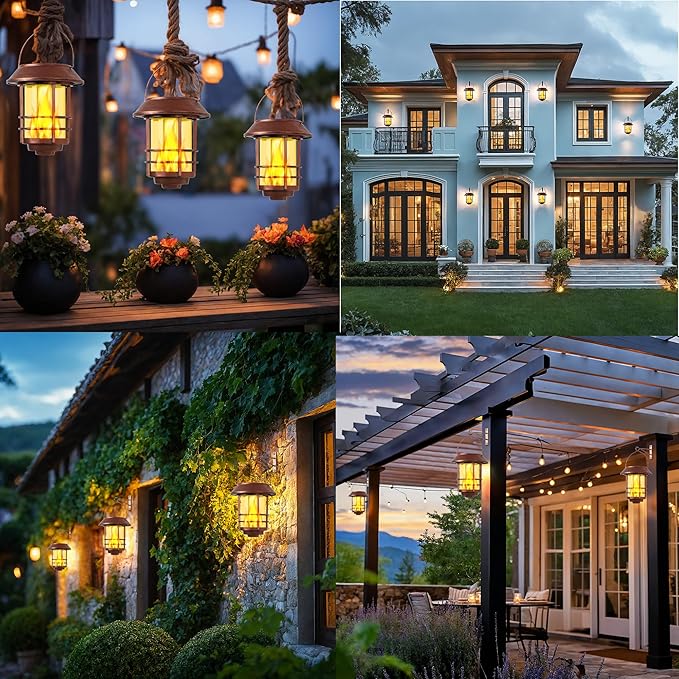 Otdair Solar Lanterns Outdoor Waterproof, 2 Pack Flickering Flames Wall Garden Decor with Glass Shade, Hanging Solar Lights Wall Mount Decorations for Halloween, Front Porch, Patio, Yard, Bronze