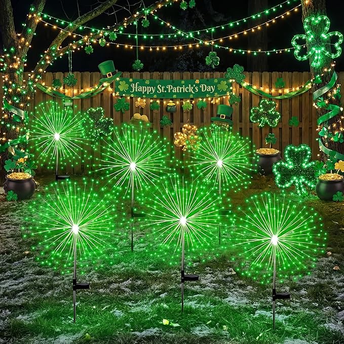 6 Pcs St. Patrick's Day Solar Firework Stake Lights 180 LED 8 Modes Waterproof LED Sparkler Lights Outdoor Decoration for Irish Garden Patio Yard Pathway Walkway Lawn, Green