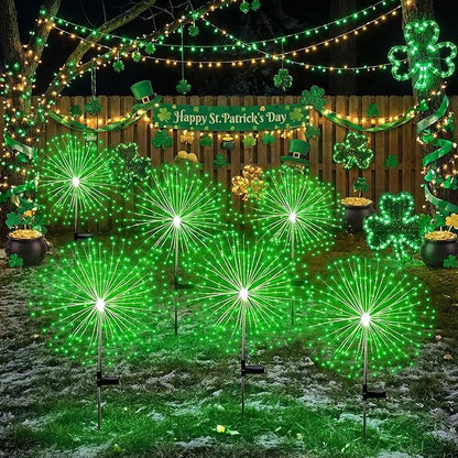 6 Pcs St. Patrick's Day Solar Firework Stake Lights 180 LED 8 Modes Waterproof LED Sparkler Lights Outdoor Decoration for Irish Garden Patio Yard Pathway Walkway Lawn, Green