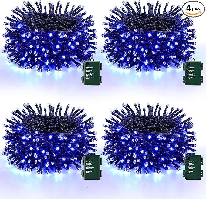 Lomotech Battery Operated Christmas Lights - 4 Pack Total 66ft 200LEDs String Lights 8 Modes Waterproof with Timer for Home, Garden, Party, Holiday, Tree Decoration (Green Wire, Blue）