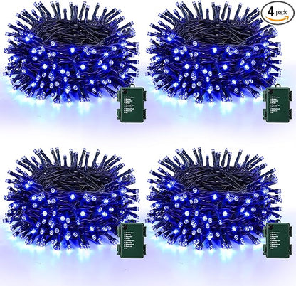 Lomotech Battery Operated Christmas Lights - 4 Pack Total 66ft 200LEDs String Lights 8 Modes Waterproof with Timer for Home, Garden, Party, Holiday, Tree Decoration (Green Wire, Blue）