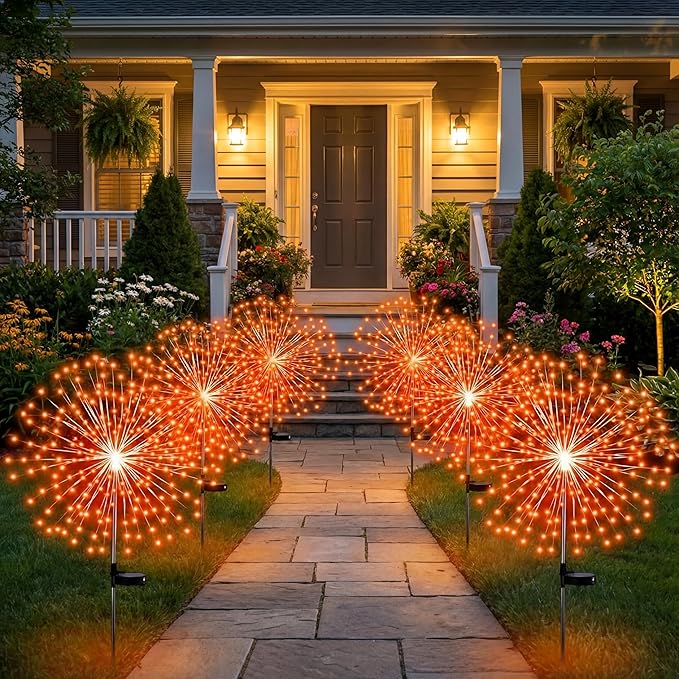 6 Pcs Easter Solar Firework Stake Lights 180 LED 8 Modes Solar Waterproof LED Sparkler Lights Outdoor Decoration for Easter Day Xmas Holiday Garden Patio Yard Pathway Walkway, Orange