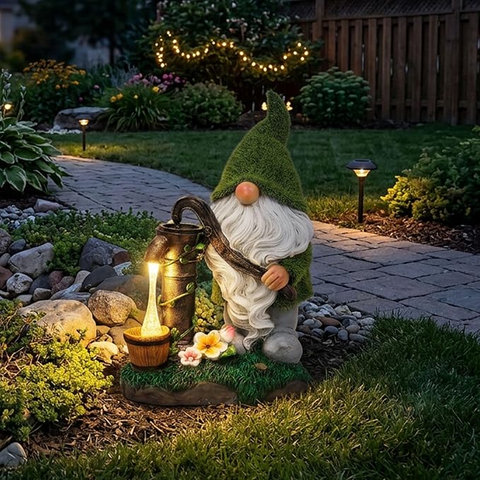 TERESA'S COLLECTIONS Garden Outdoor Decor, Garden Gnomes Decor with Solar Lights, St Patricks Decorations for Outdoor Decor, Waterproof Resin Decorations for Porch Patio, Gift for Dad and Mom, 9"