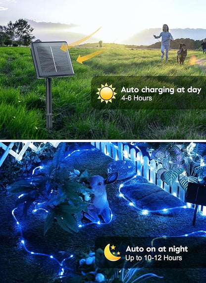 Brightown Solar String Lights Outdoor, 39FT 100 LED Rope Lights Solar Powered with 8 Lighting Modes, Waterproof Solar Patio Lights, Solar String Lights for Outside Tree Yard Halloween Decoration, Blue