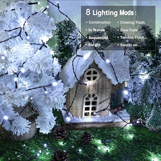 Lomotech Battery Operated Christmas Lights - 4 Pack Total 66ft 200LEDs String Lights 8 Modes Waterproof with Timer for Home, Garden, Party, Holiday, Tree Decoration (Green Wire, White）