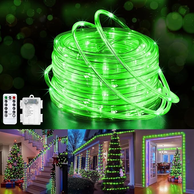 Jnaurb Battery Operated Rope Lights for Outside, 33FT 100LED 8 Modes Battery Operated String Lights, Waterproof Christmas Fairy Light with Remote for Outdoor Indoor Patio Xmas Party Decoration - Green