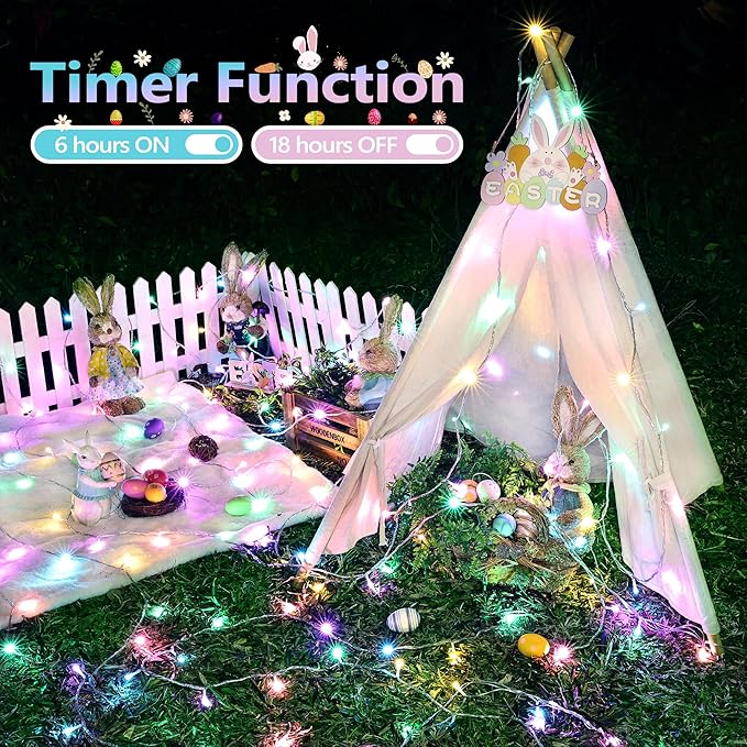 Lomotech Easter Lights Battery Operated - 2 Pack Total 33ft 100 LED Battery String Lights 8 Modes Waterproof with Timer for Home, Garden, Party, Holiday, Tree Decoration