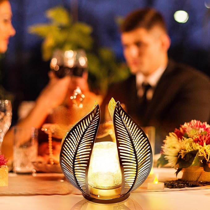 HPC Decor Solar Light Outdoor Garden, Crackle Globe Glass,Metal Palm Leaf Solar Light for Outside, Pathway Lights Waterproof LED Outdoor for Patio,Yard,Porch Decor,Gardening Gifts for Women/Mom.