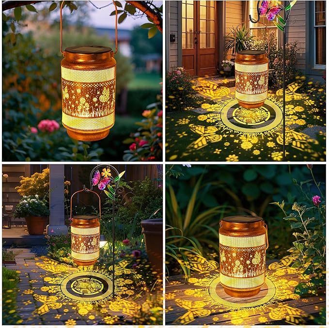 2 Pack Butterfly Solar Lanterns Outdoor Waterproof Solar Garden Decor, Birthday Gifts for Women Mom Grandma, Metal Hanging Lights with Shepherd Hook for Outside Yard Patio Pathway Porch