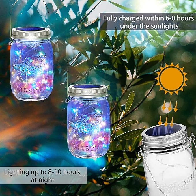 SmilingTown 30 LED 10 Packs Mason Jar Lights with Hangers Colorful Solar Mason Jar Lids Fairy String Light Outdoor for Patio Yard Garden Decor Christmas Wedding Party Lights (NO Jars)