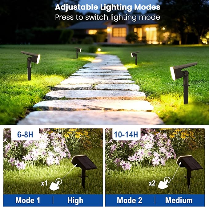 Solar Lights Outdoor Waterproof IP65, Super Bright LED, 6500K 2 Lighting Modes, Solar Powered Yard Garden Solar Spot Lights for Outside Landscape Auto On/Off -4 Pack