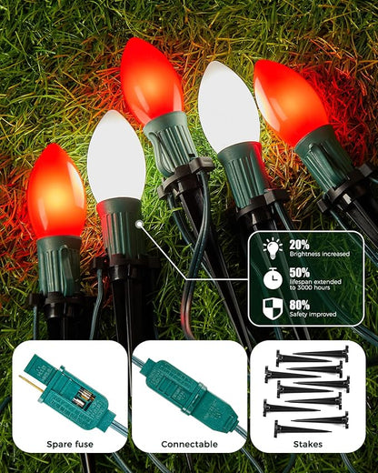 Frosted C9 Christmas Lights Outdoor, 25.7ft 20 Bulb Pathway Lights with Stakes, Red & White