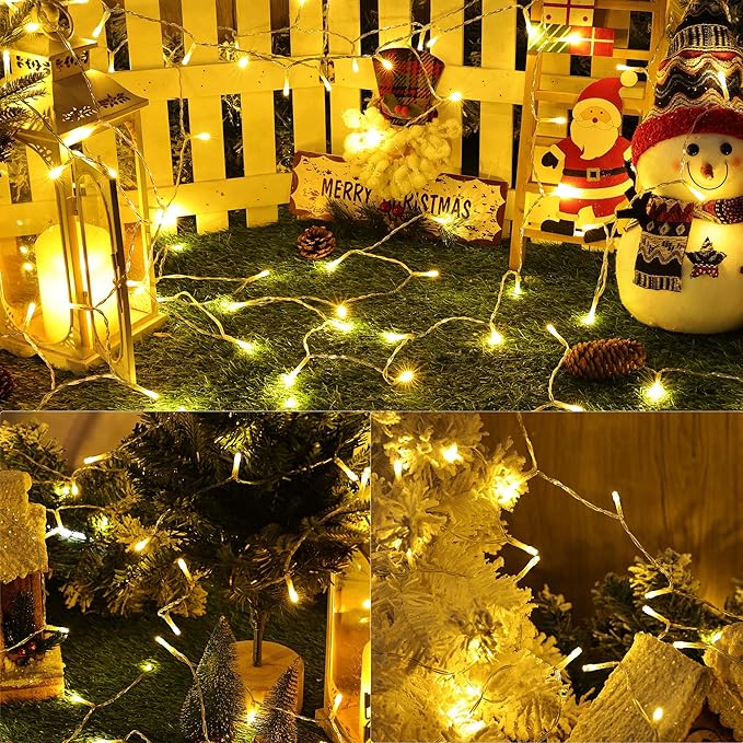 Lomotech Battery Operated Christmas Lights - 4 Pack Total 66ft 200LEDs String Lights 8 Modes Waterproof with Timer for Home, Garden, Party, Holiday, Tree Decoration (Clear Wire, Warm White)