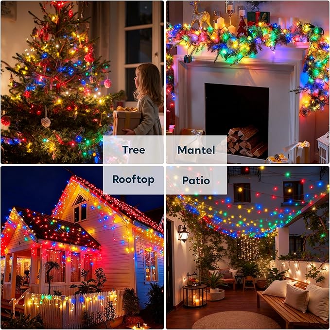 Joiedomi LED Christmas String Lights,200 Count 66.3FT Battery Operated Christmas Tree Fairy Lights with 8 Modes,Multifunction Green Wire for Xmas Decor Party Holiday House,Multicolor