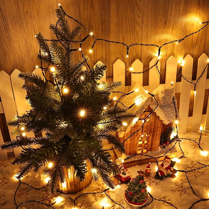 Battery Operated Christmas Lights - 4 Pack Total 66ft 200 LED Battery String Lights 8 Modes Waterproof with Timer for Home, Garden, Party, Holiday, Christmas Tree Decoration (Green Wire, Warm White)
