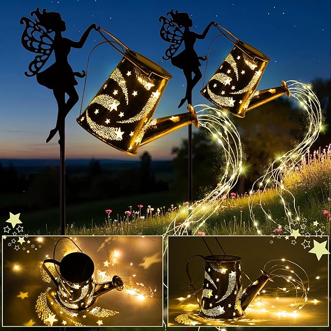 Solar Lights Outdoor,2 Pcs Solar Watering Can Light,Waterproof Metal Hanging Lantern,Fairy Gardening Gifts,Fairy Garden Decor for Outside,Perfect for Garden,Patio,Yard,Pathway