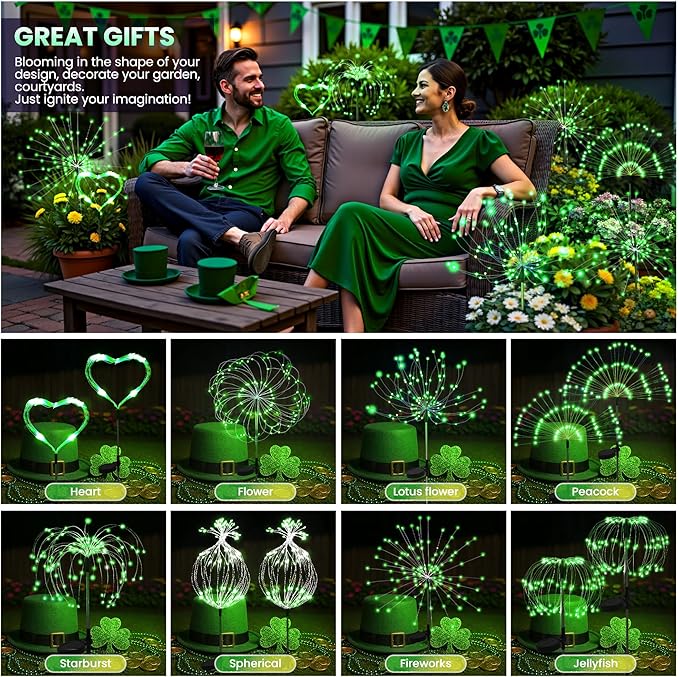 4 Pack St. Patrick's Day Solar Lights Outdoor, Solar Garden Lights Outside Fairy Firework Decorative,Solar Powered for Wedding,Yard Pathway Party Balcony Patio Decor (Green