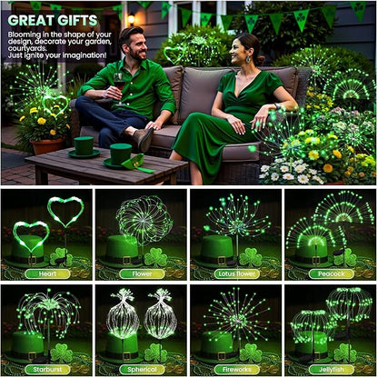 4 Pack St. Patrick's Day Solar Lights Outdoor, Solar Garden Lights Outside Fairy Firework Decorative,Solar Powered for Wedding,Yard Pathway Party Balcony Patio Decor (Green