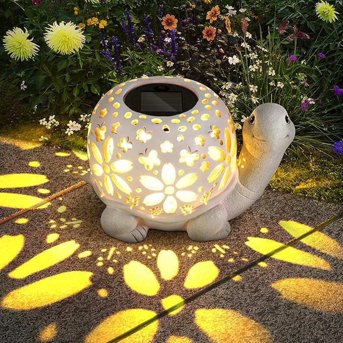 LESES Solar Lantern Lights, Turtle Outdoor Lantern with LED Garden Light, Decorative Lanterns Table Lamp for Patio Yard Garden Decor Outside Clearance Gifts for Birthday Grandma - White