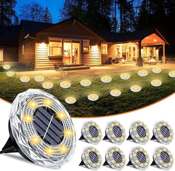 Solar Ground Lights 8 Pack Waterproof Outdoor Solar Lights for Yard Led Solar Garden Lights Bright Solar Powered Disc Light In-Ground Landscape Lighting for Patio Pathway Walkway Driveway, Warm White