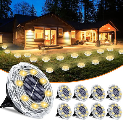 Solar Ground Lights 8 Pack Waterproof Outdoor Solar Lights for Yard Led Solar Garden Lights Bright Solar Powered Disc Light In-Ground Landscape Lighting for Patio Pathway Walkway Driveway, Warm White