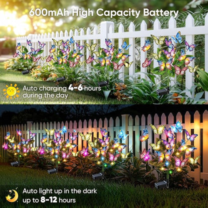 Solar Lights Outdoor Garden Decor: 6 Pack 102 Silk Butterflies with 132 Color-Changing LEDs - Auto On/Off 12H Magical Lighting IP65 Waterproof for Yard Patio Pathway - Unique Gifts for Mom Grandma