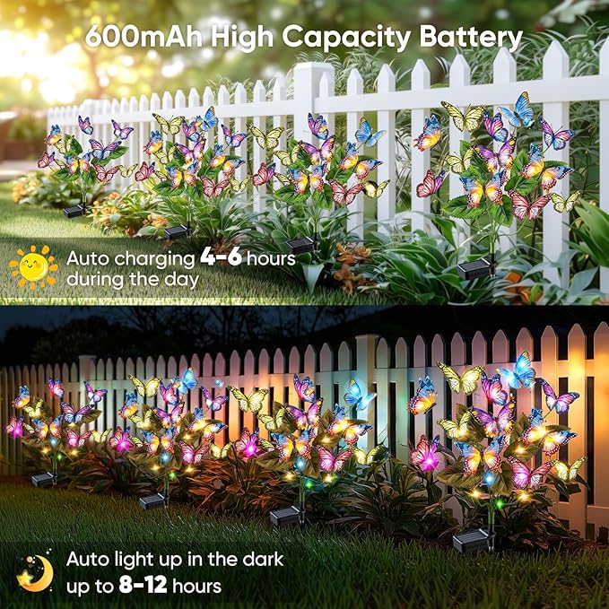 Solar Lights Outdoor Garden Decor: 8 Pack 136 Silk Butterflies with 176 Color-Changing LEDs - Auto On/Off 12H Magical Lighting IP65 Waterproof for Yard Patio Pathway - Unique Gifts for Mom Grandma
