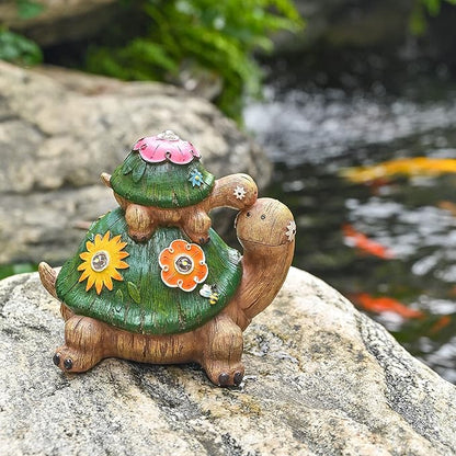 TERESA'S COLLECTIONS Garden Decor, Turtles Garden Decor, Family Tortoises with Solar Light, Waterproof Resin Garden Statue, Turtles Gifts Birthday Gifts for Women Mom
