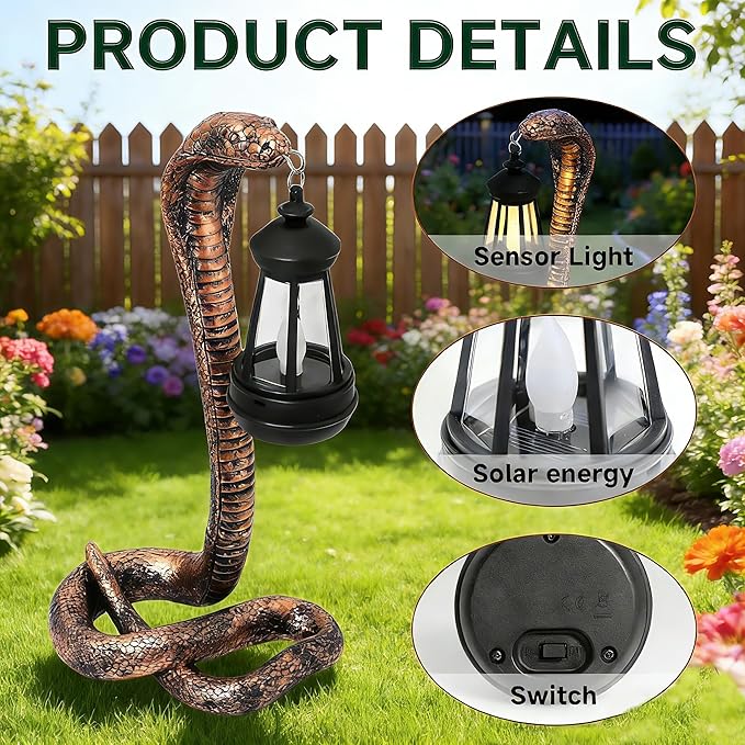 Solar Garden Outdoor Statues Snake with Solar Lights Outdoor Chrismtas Decorations - Lawn Decor Snake Statue for Patio, Balcony, Yard Ornament - Unique Housewarming Gifts（11.22" Brass Color