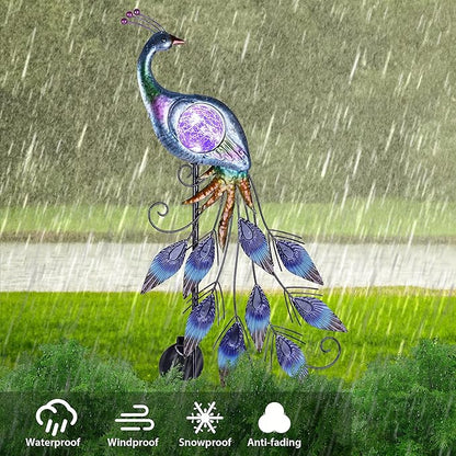 TERESA'S COLLECTIONS Solar Garden Lights Outdoor Garden Decor, Metal Peacock Decorations for Yard, 33'' Purple Decorative Garden Stake for Outside with Crackle Glass Ball, Lawn Party Gifts for Mom
