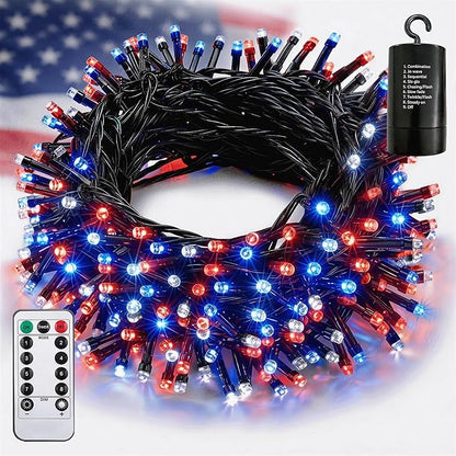 66ft 200LED Red White Blue Patriotic Lights for 4th of July Decoration Battery Fairy String Lights Indoor Outdoor Waterproof Remote Timer 8 Modes for Independence Day American Flag Holiday