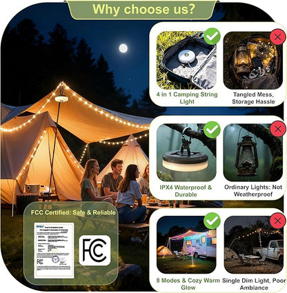 L LOHAS LED Upgraded Camping String Lights, 4 in 1 Quick Recovery Waterproof Camping Lights, 32.8FT with 8 Lighting Modes, Camping Essentials for Yard, Tent, Hiking, Patio, and Holiday Decoration