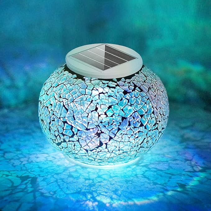 SunKite Solar Table Lights Outdoor Indoor Color Changing Crackle Crystal Glass Night Lights,Waterproof Solar Powered Mosaic Glass Lamp for Garden Yard Patio Christmas Decorations (Light Color)
