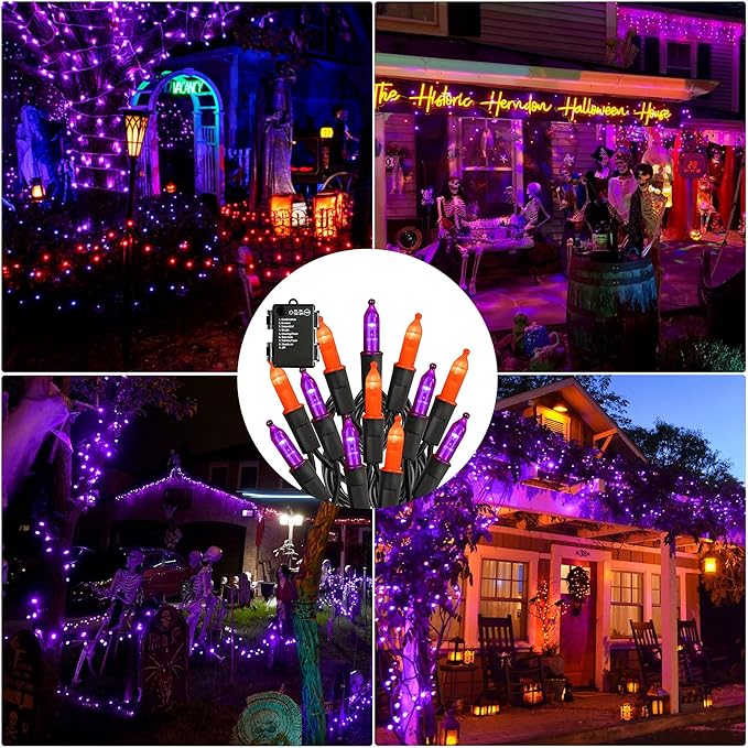 TW SHINE Battery Operated Halloween Lights, 2 Pack Total 100 LED 32 FT Orange and Purple Lights Outdoor, Waterproof Mini String Light with 8 Modes, Halloween Decorations for Indoor Patio Party Decor