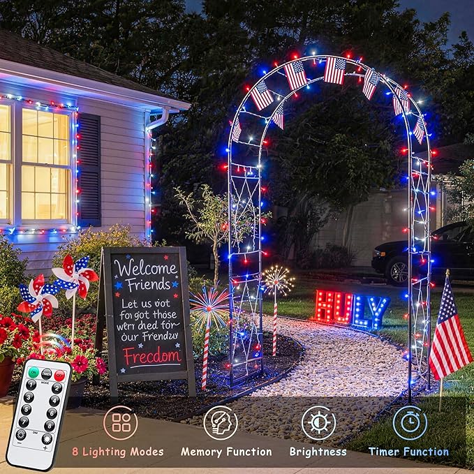 JMEXSUSS 33ft 100 LED Red White and Blue Lights Outdoor, 4th of July Lights Battery Operated with Remote, 8 Modes Patriotic Decorations for Indoor Outside Independence Day American Flag Holiday