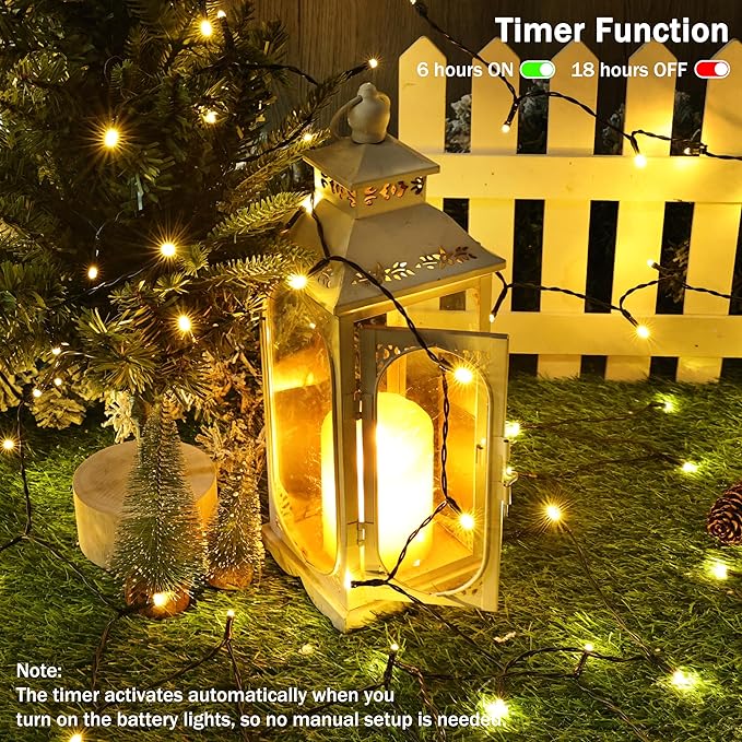 Battery Operated Christmas Lights - 2 Pack Total 33ft 100 LED Battery String Lights 8 Modes Waterproof with Timer for Home, Garden, Party, Holiday, Christmas Tree Decoration (Green Wire, Warm White)