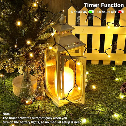 Battery Operated Christmas Lights - 2 Pack Total 33ft 100 LED Battery String Lights 8 Modes Waterproof with Timer for Home, Garden, Party, Holiday, Christmas Tree Decoration (Green Wire, Warm White)