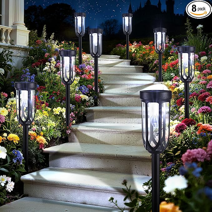 8-Pack White Solar Path Lights, Outdoor Driveway LED