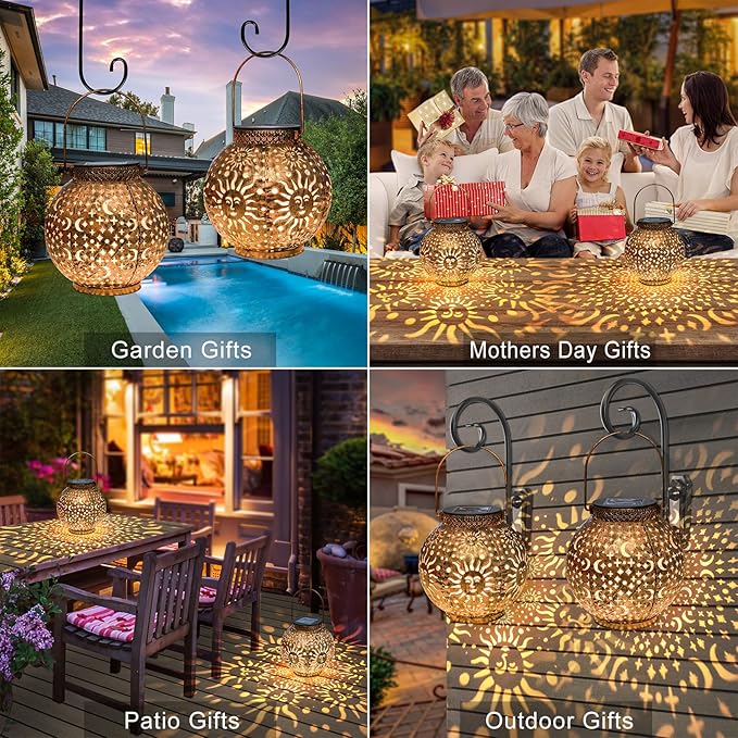 Go2garden 2Pack Solar Lanterns Outdoor Waterproof Garden Gifts for Mom Moon Star Sun Solar Lights for Balcony, Yard,Birthday Mothers Day Gifts for Grandma Wife (Bronze)