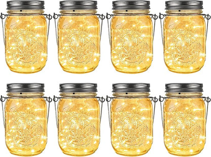 GIGALUMI Solar Mason Jar Lights, 8 Pack 30 Led String Fairy Lights Garden Lights Outdoor Waterproof Metal Lid Hanging Solar Lanterns for Outdoor, Garden, Patio, Lawn, Balcony Decoration