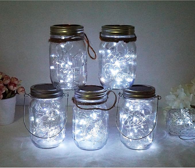 Solar Mason Jar Lid Lights, 10 Pack 30 LED Waterproof Firefly Fairy Lights with Hangers(No Jars), Outdoor Starry String Lights for Patio Yard Garden Wedding Lantern Decor (Cool White)