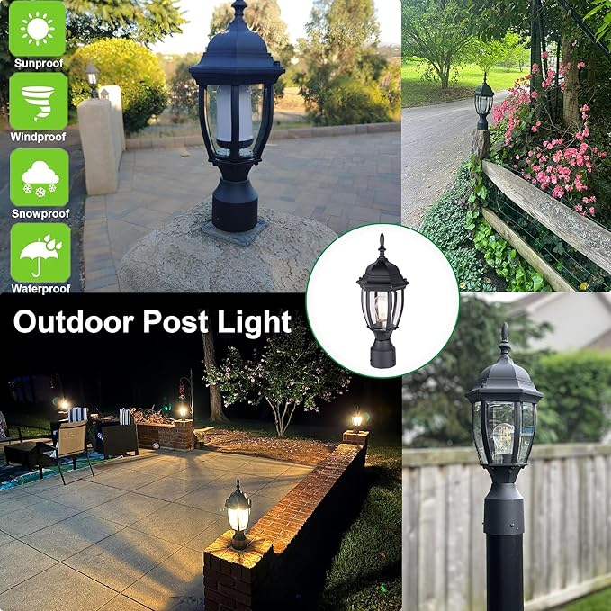 LIT-PaTH Outdoor Post Lighting Fixture Pole Lantern, E26 Medium Base Max 60W, Aluminum Housing Plus Glass, Matte Black Finish, 2-Pack
