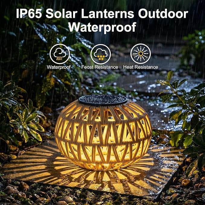 2 Pack Solar Lantern Outdoor Waterproof,Outdoor Table Lanterns Decor,Rattan Solar Lights Decorative,Small Tabletop Lanterns Gifts for Mom,Grandma,Lantern Lights Outside for Garden,Yard,Steps,Patio